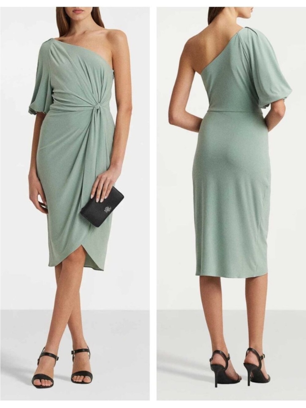Ralph Lauren One-Shoulder Knot-Detail Midi Dress in Sage - Picture 4 of 6